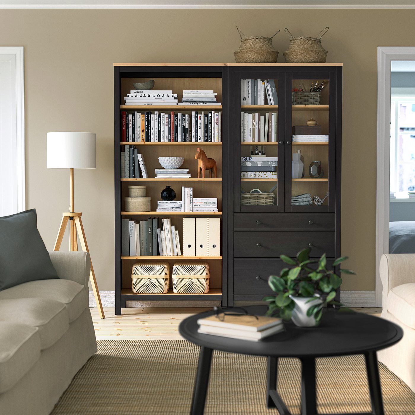 HEMNES storage combination w doors/drawers, black-brown/light brown stained, 180x197 cm