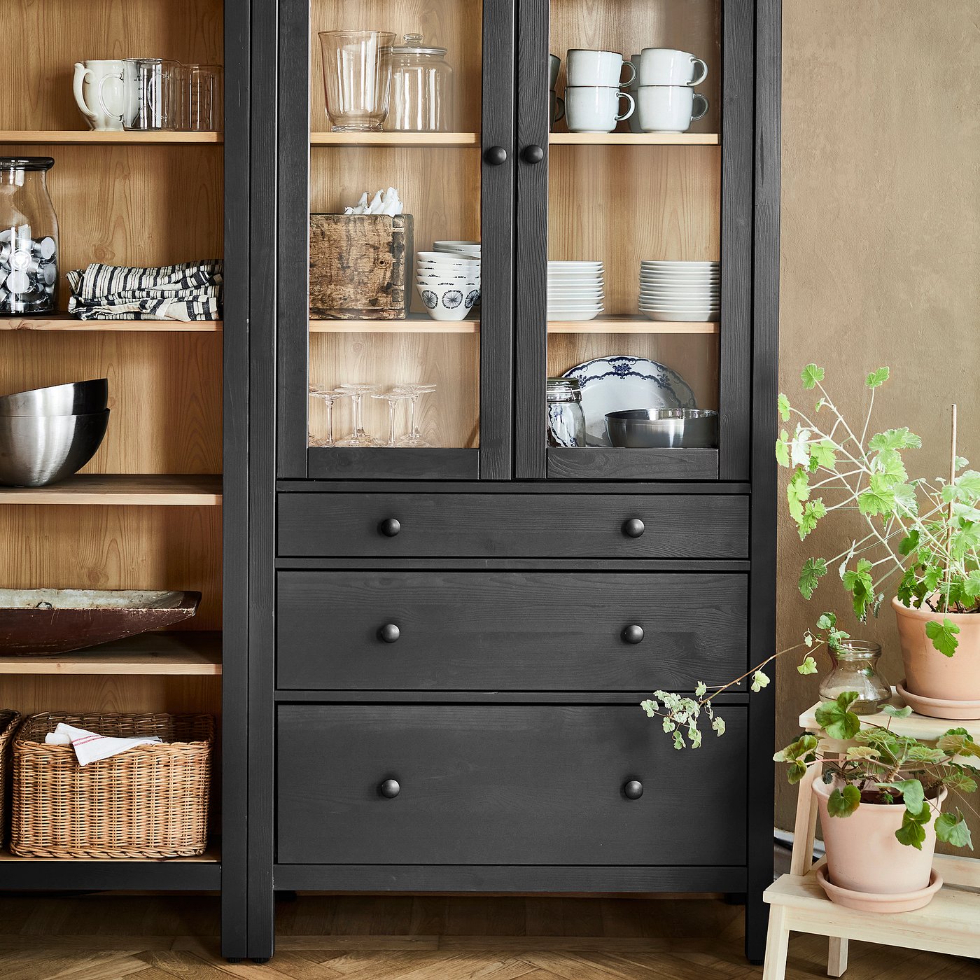 HEMNES storage combination w doors/drawers, black-brown/light brown stained, 180x197 cm