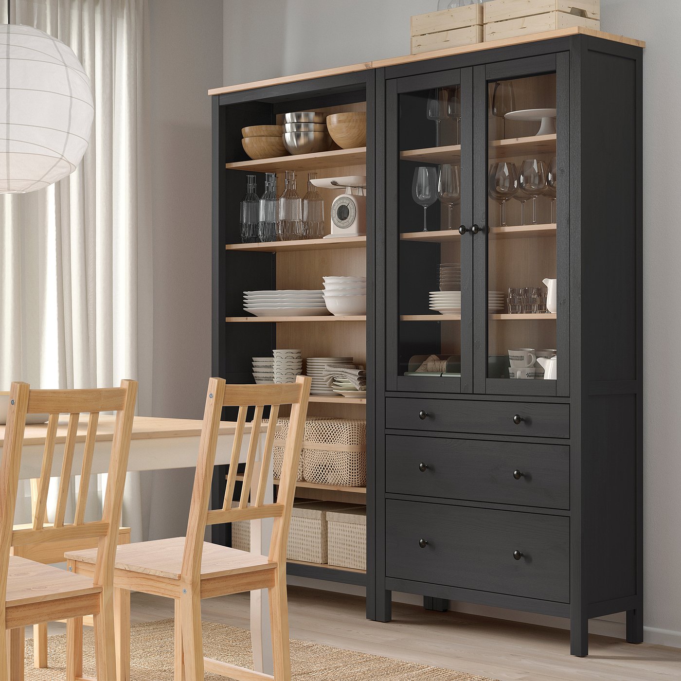 HEMNES storage combination w doors/drawers, black-brown/light brown stained, 180x197 cm