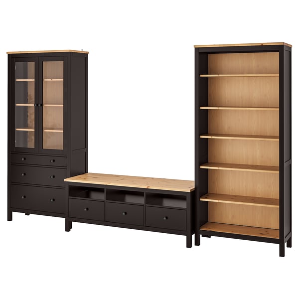 HEMNES - HEMNES TV storage combination, black-brown/light brown clear glass, 326x197 cm
