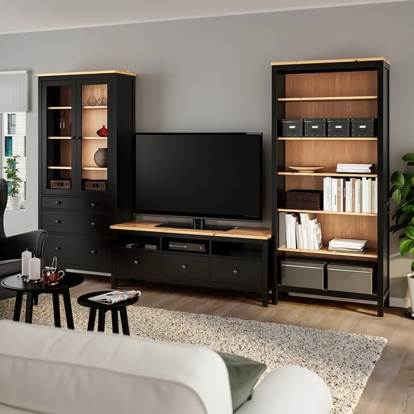 HEMNES - HEMNES TV storage combination, black-brown/light brown clear glass, 326x197 cm