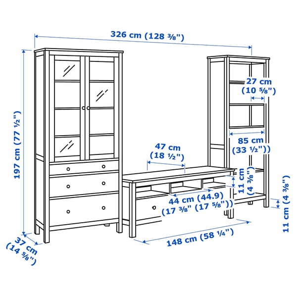 HEMNES TV storage combination, white stain/light brown clear glass, 326x197 cm