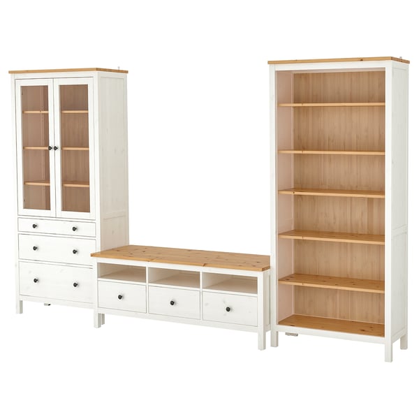 HEMNES - HEMNES TV storage combination, white stain/light brown clear glass, 326x197 cm