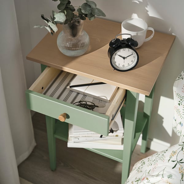 HEMNES bedside table, grey-green/light brown stained, 46x35 cm