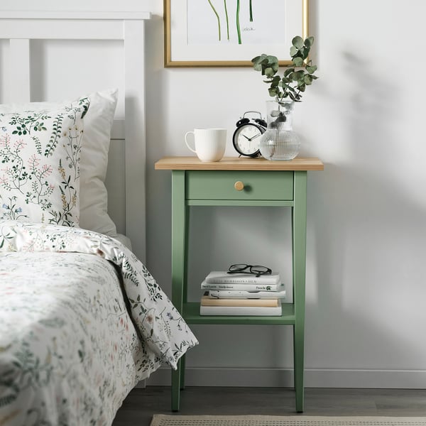 HEMNES bedside table, grey-green/light brown stained, 46x35 cm