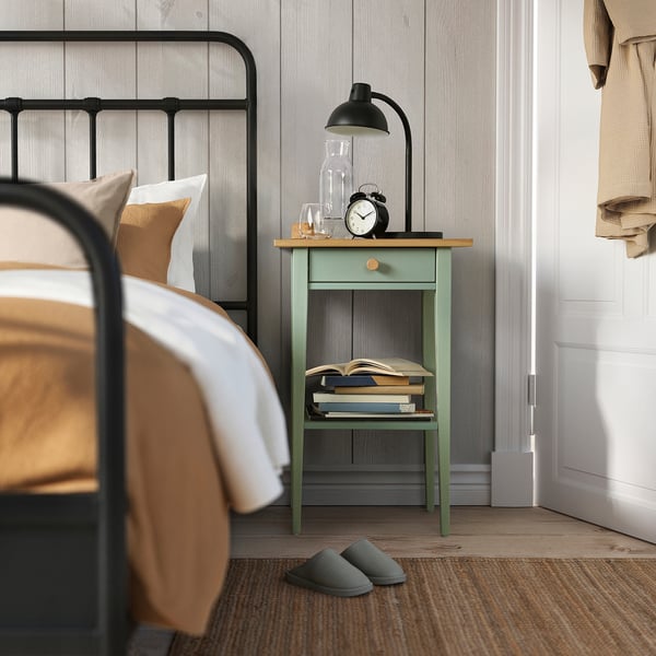 HEMNES - HEMNES Bedside table, grey-green/light brown stained, 46x35 cm