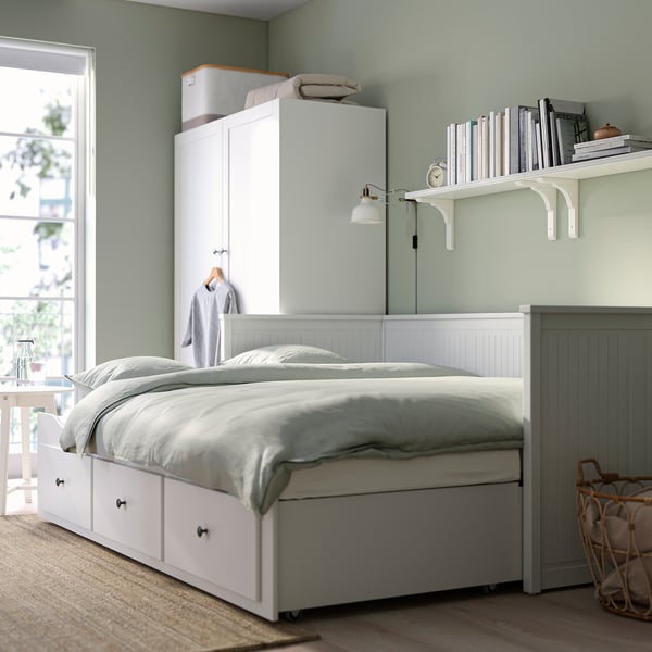 HEMNES day-bed w 3 drawers/2 mattresses, white/Åfjäll medium firm, 80x200 cm