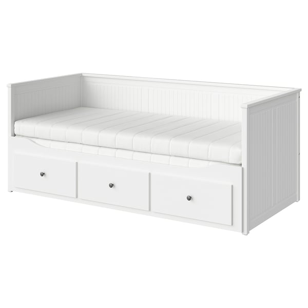 HEMNES day-bed w 3 drawers/2 mattresses, white/Åfjäll medium firm, 80x200 cm