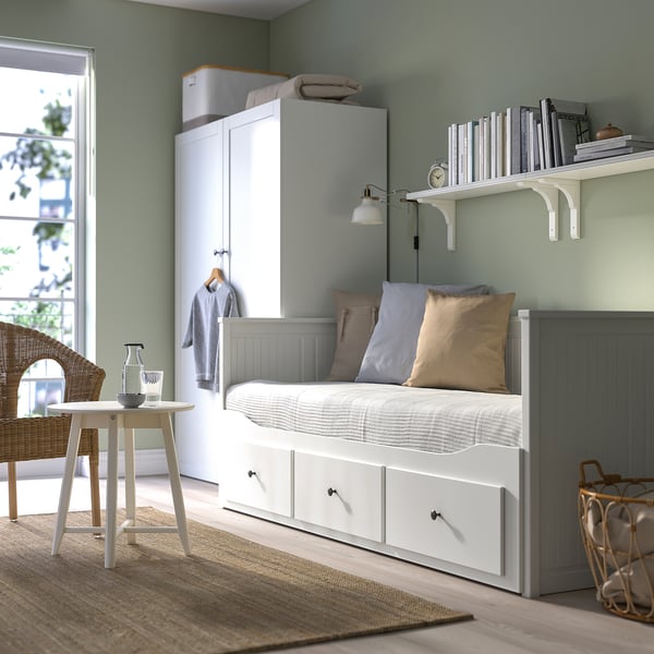 HEMNES day-bed w 3 drawers/2 mattresses, white/Vannareid extra firm, 80x200 cm