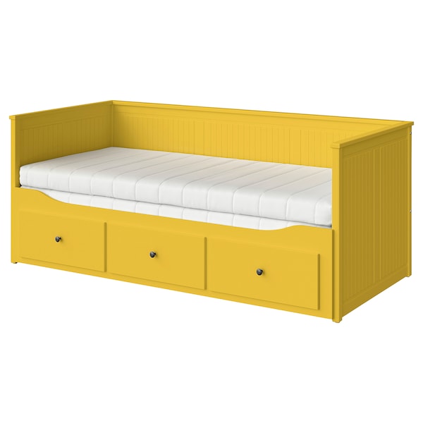 HEMNES - Sofa bed/3 drawers/2 mattresses, yellow/Åfjäll rigid,80x200 cm