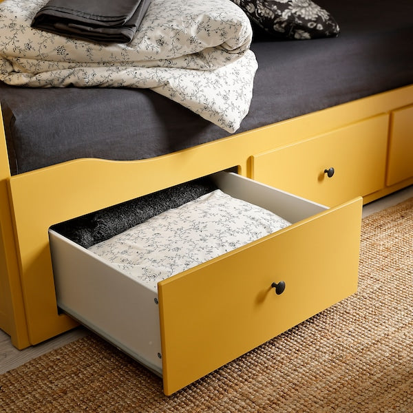 HEMNES - Sofa bed/3 drawers/2 mattresses, yellow/Åfjäll semi-rigid,80x200 cm