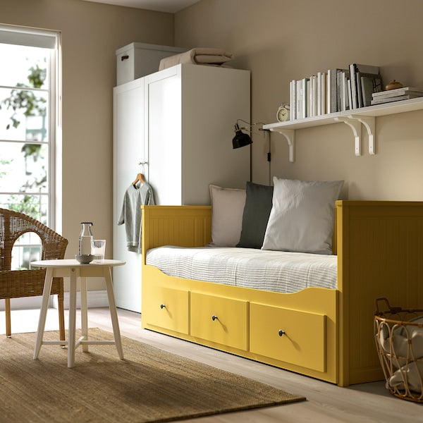 HEMNES - Sofa bed/3 drawers/2 mattresses, yellow/Åfjäll semi-rigid,80x200 cm