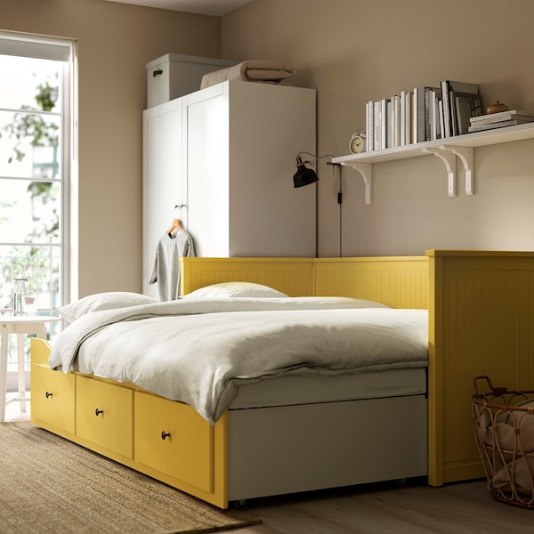 HEMNES - Sofa bed/3 drawers/2 mattresses, yellow/Åfjäll semi-rigid,80x200 cm