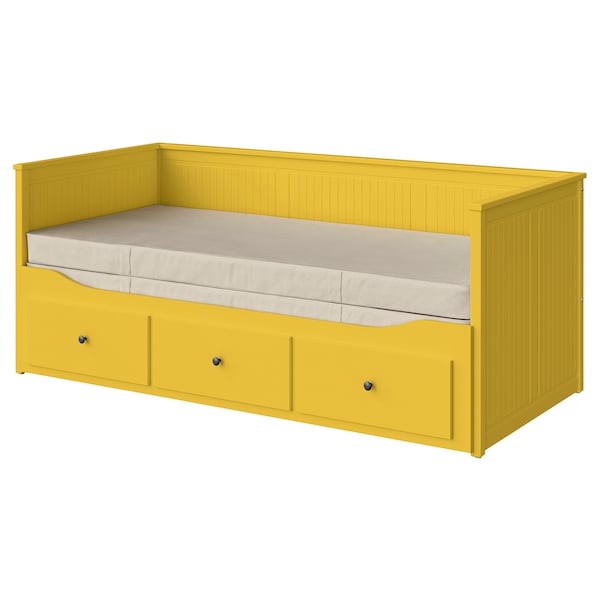 HEMNES - Sofa bed/3 drawers/2 mattresses, yellow/Vannareid extra rigid,80x200 cm