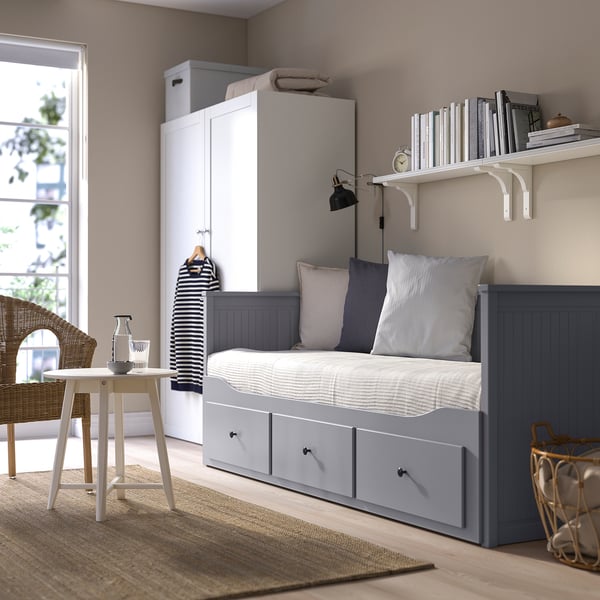 HEMNES day-bed w 3 drawers/2 mattresses, grey/Åfjäll firm, 80x200 cm
