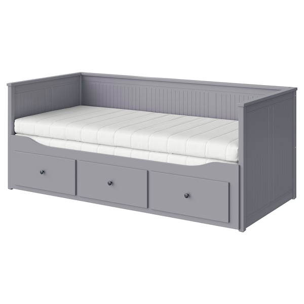 HEMNES day-bed w 3 drawers/2 mattresses, grey/Åfjäll medium firm, 80x200 cm