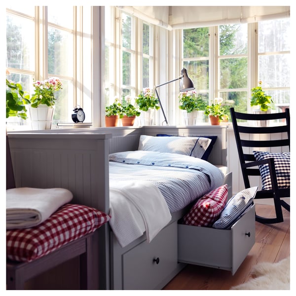 HEMNES day-bed w 3 drawers/2 mattresses, grey/Ågotnes firm, 80x200 cm