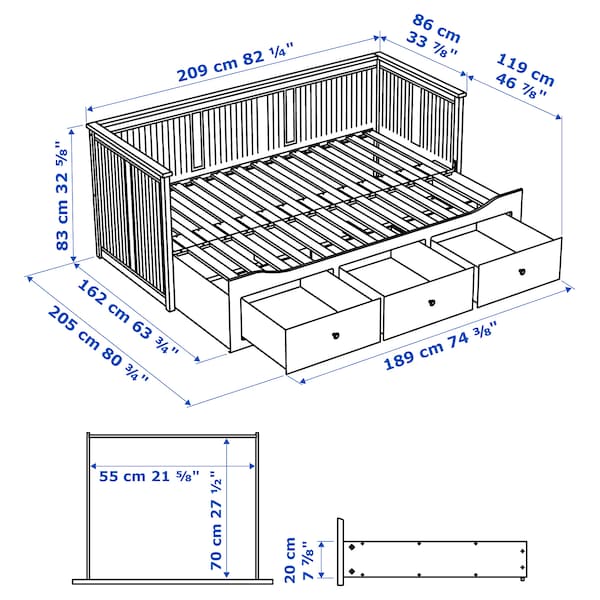 Ikea HEMNES Bed sofa/3 drawers/2 mattresses - grey/Ågotnes rigid 80x200 cm , 80x200 cm