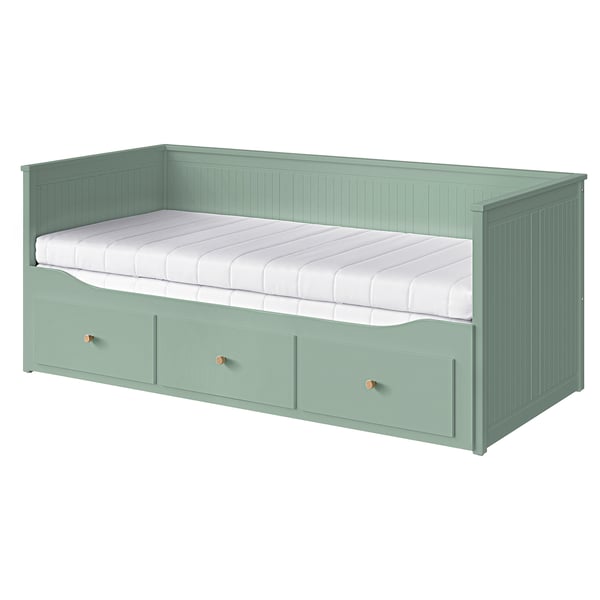 HEMNES sofa bed/3 drawers/2 mattresses, gray-green/Åfjäll rigid, 80x200 cm