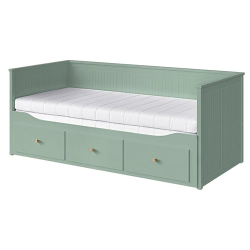 HEMNES day-bed w 3 drawers/2 mattresses, grey-green/Åfjäll firm, 80x200 cm