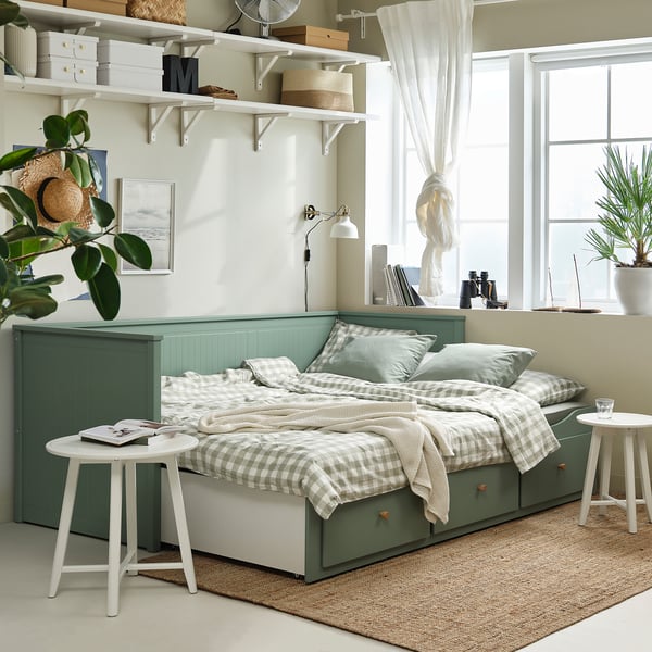 HEMNES day-bed w 3 drawers/2 mattresses, grey-green/Åfjäll medium firm, 80x200 cm