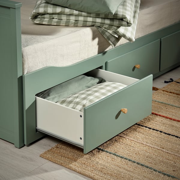 HEMNES day-bed w 3 drawers/2 mattresses, grey-green/Vannareid extra firm, 80x200 cm