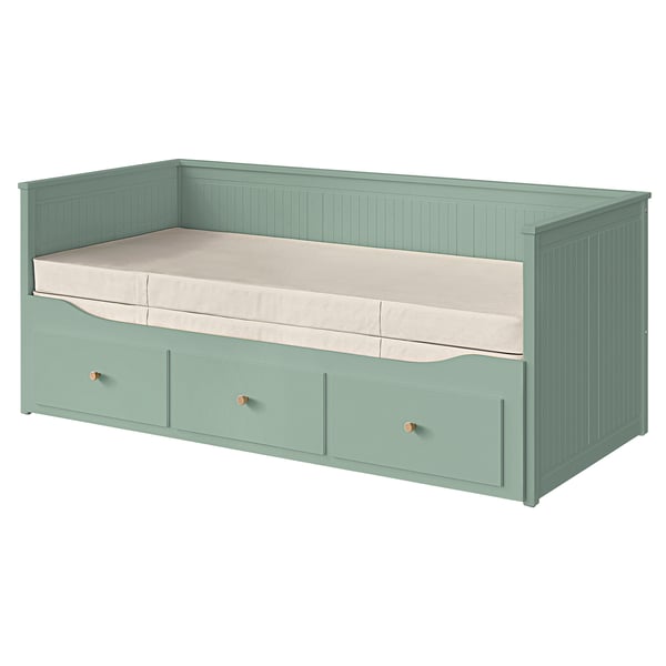 HEMNES sofa bed/3 drawers/2 mattresses, gray-green/Vannareid extra rigid, 80x200 cm