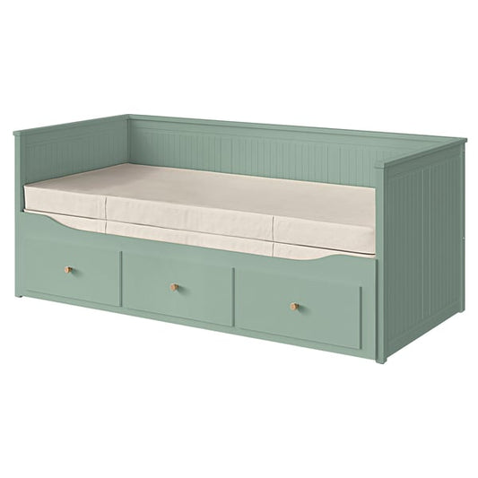 HEMNES sofa bed/3 drawers/2 mattresses, gray-green/Vannareid extra rigid, 80x200 cm