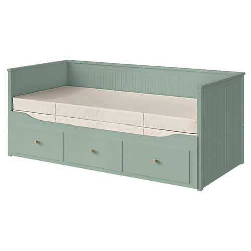 HEMNES day-bed w 3 drawers/2 mattresses, grey-green/Vannareid extra firm, 80x200 cm