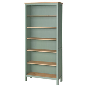 HEMNES bookcase, grey-green/light brown stained, 90x197 cm