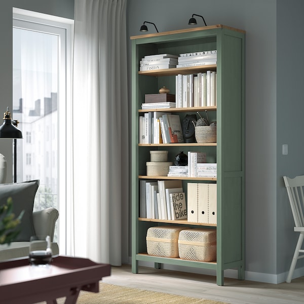 HEMNES bookcase, grey-green/light brown stained, 90x197 cm
