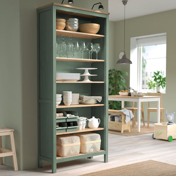 HEMNES bookcase, grey-green/light brown stained, 90x197 cm