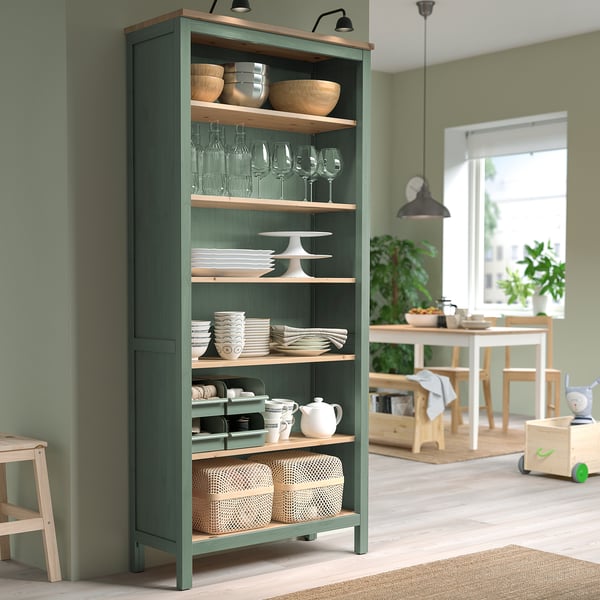 HEMNES bookcase, grey-green/light brown stained, 90x197 cm