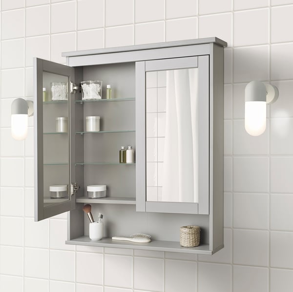 HEMNES mirror cabinet with 2 doors, grey, 83x16x98 cm
