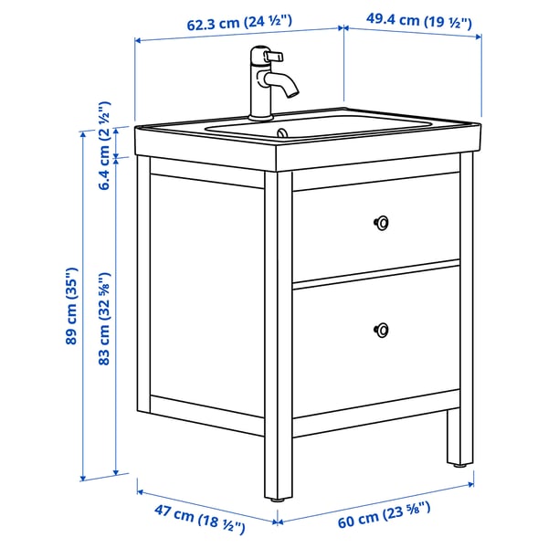 HEMNES / ORRSJÖN wash-stnd w drawers/wash-basin/tap, white, 62x49x89 cm