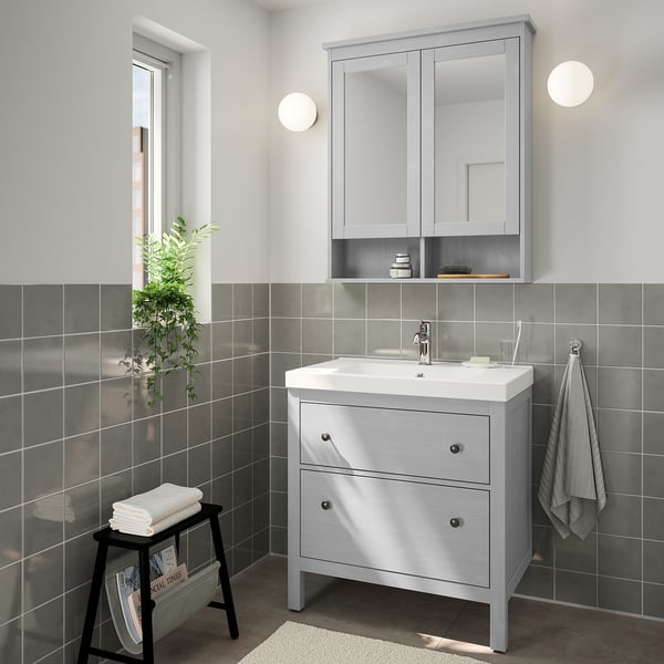 HEMNES / ORRSJÖN wash-stnd w drawers/wash-basin/tap, grey, 82x49x89 cm