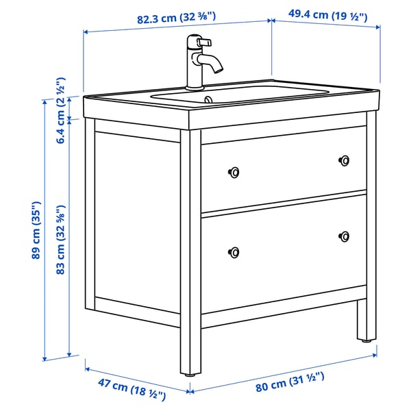 HEMNES / ORRSJÖN wash-stnd w drawers/wash-basin/tap, grey, 82x49x89 cm