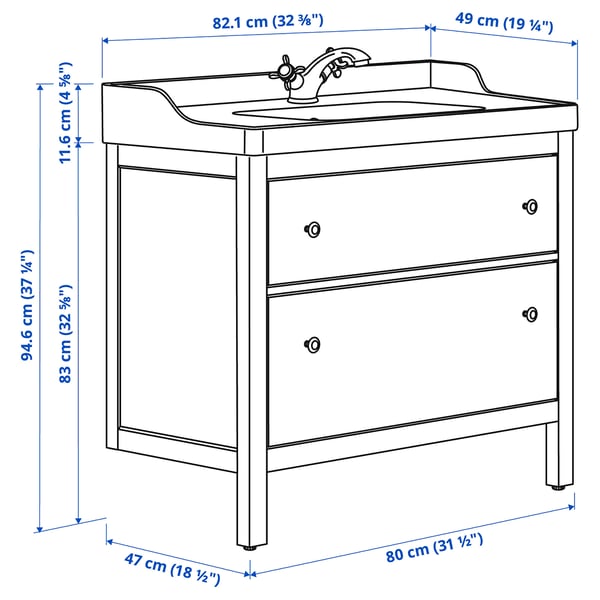 HEMNES / RUTSJÖN wash-stnd w drawers/wash-basin/tap, white, 82x49x95 cm