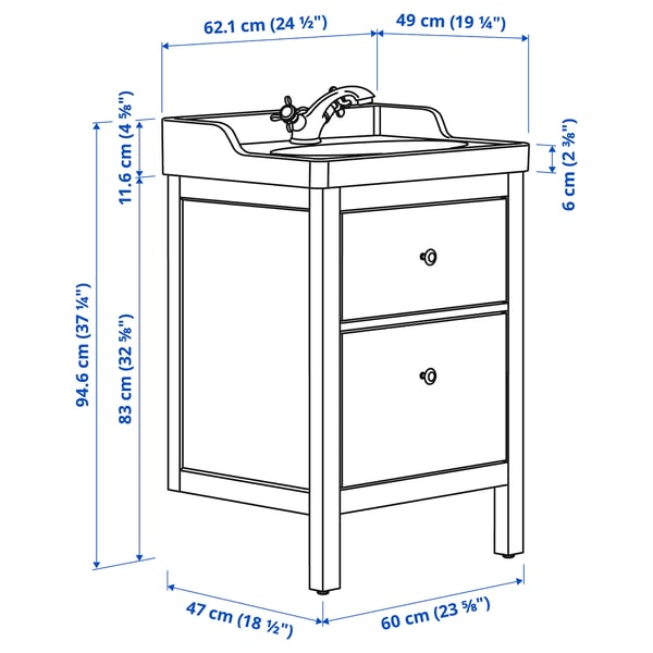 HEMNES / RUTSJÖN wash-stnd w drawers/wash-basin/tap, white, 62x49x95 cm