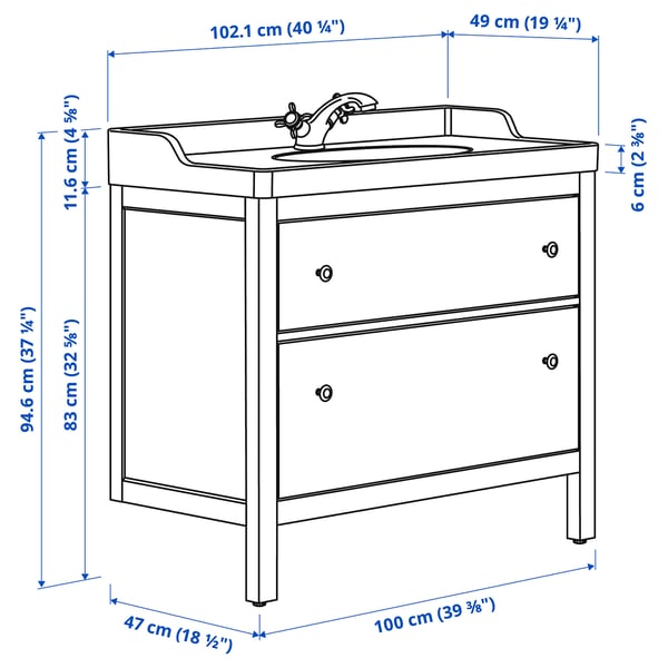 HEMNES / RUTSJÖN wash-stnd w drawers/wash-basin/tap, grey, 102x49x95 cm