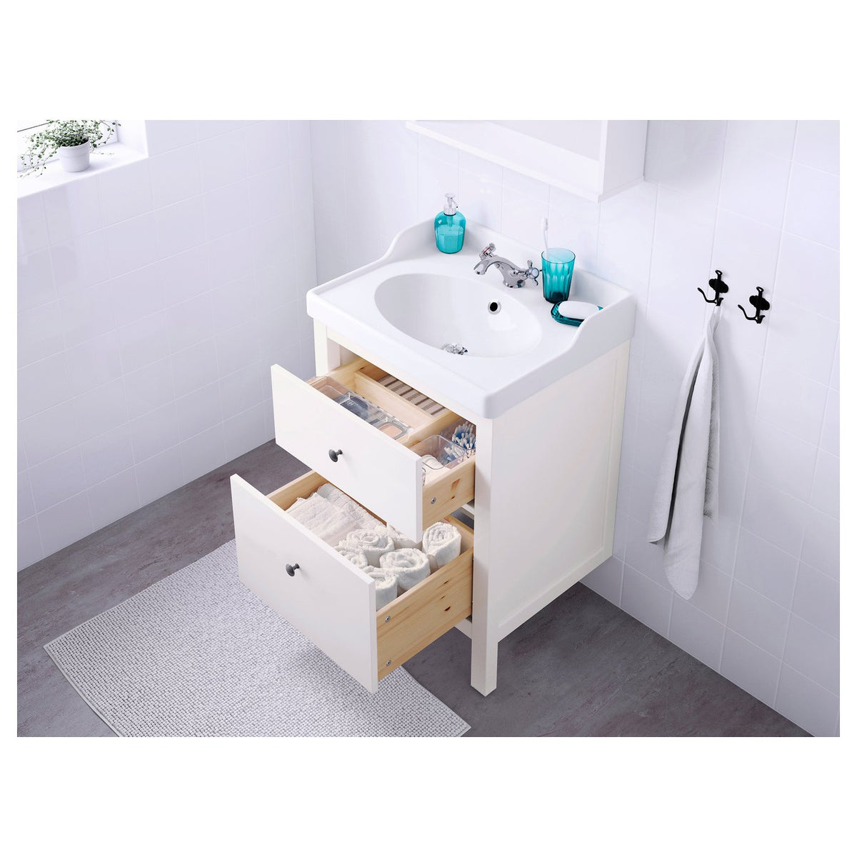HEMNES / RUTSJÖN wash-stnd w drawers/wash-basin, white, 62x49x95 cm