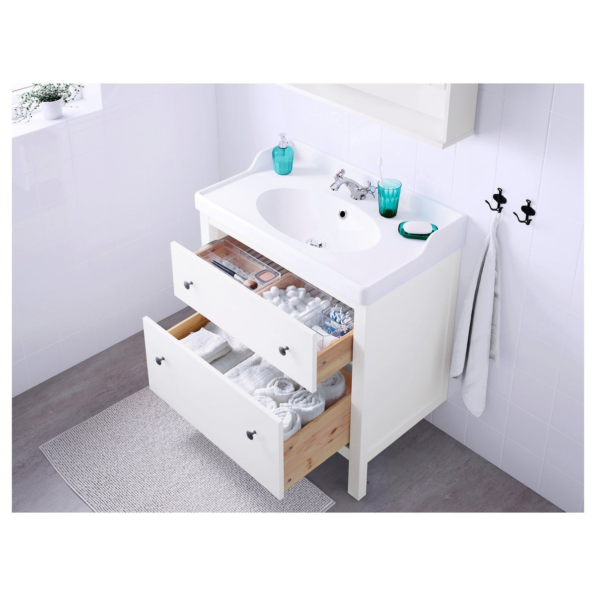 HEMNES / RUTSJÖN wash-stnd w drawers/wash-basin, white, 82x49x95 cm