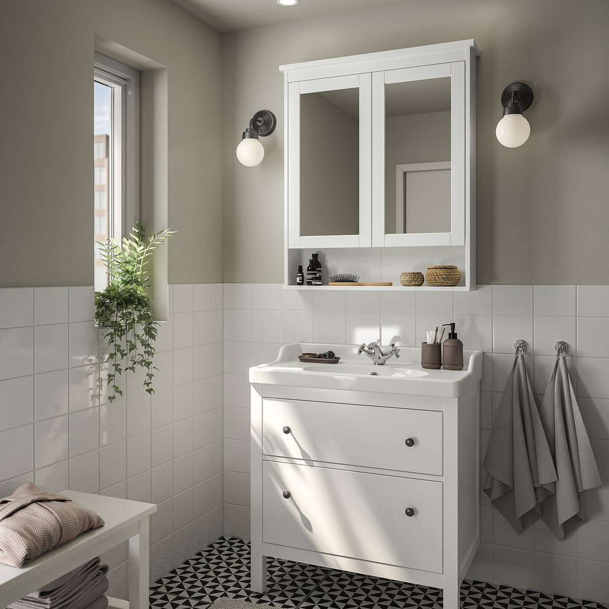 HEMNES / RUTSJÖN wash-stnd w drawers/wash-basin, white, 82x49x95 cm