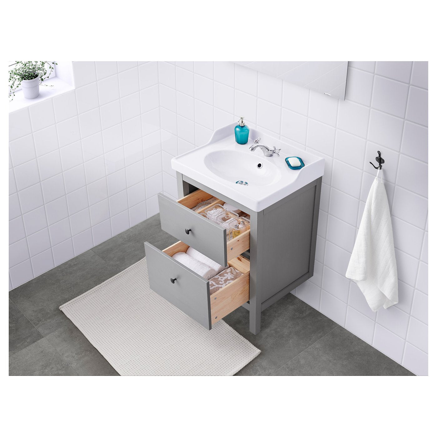 HEMNES / RUTSJÖN wash-stnd w drawers/wash-basin, grey, 62x49x95 cm