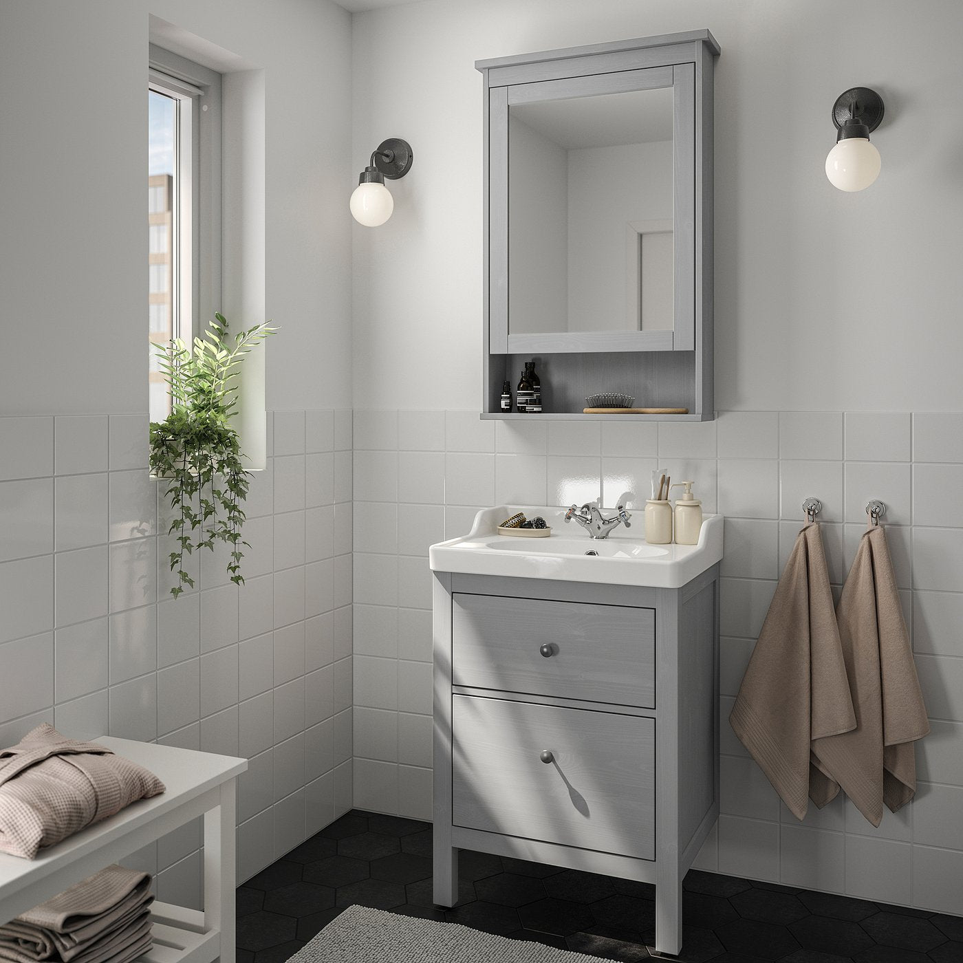 HEMNES / RUTSJÖN wash-stnd w drawers/wash-basin, grey, 62x49x95 cm