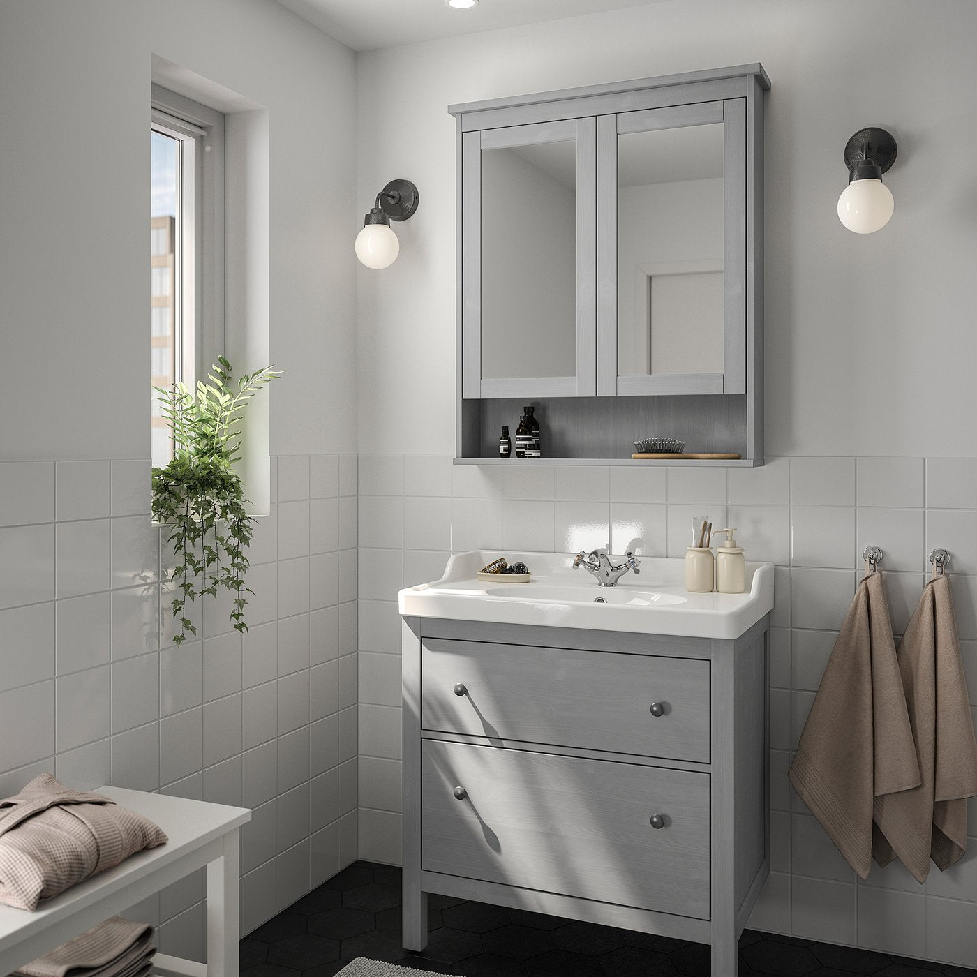 HEMNES / RUTSJÖN wash-stnd w drawers/wash-basin, grey, 82x49x95 cm