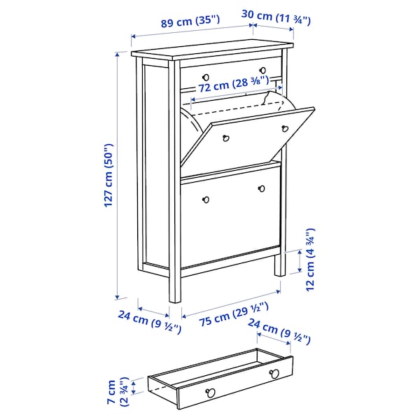 HEMNES - Shoe cabinet with 2 compartments, white, 89x30x127 cm