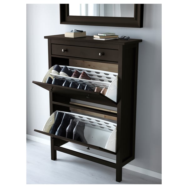 HEMNES shoe cabinet with 2 compartments, black-brown, 89x30x127 cm