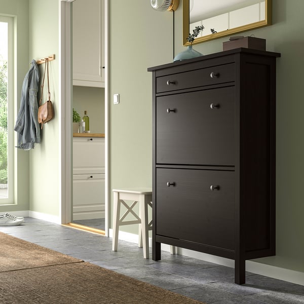 HEMNES shoe cabinet with 2 compartments, black-brown, 89x30x127 cm