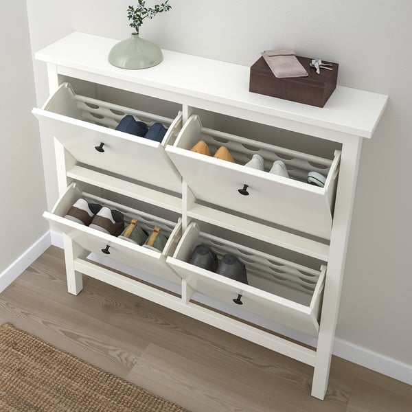 HEMNES shoe cabinet with 4 compartments, white, 107x22x101 cm